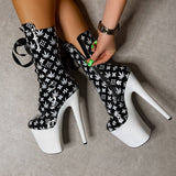 Branded Boot - Black/White - 8 INCH, stripper shoe, stripper heel, pole heel, not a pleaser, platform, dancer, pole dance, floor work