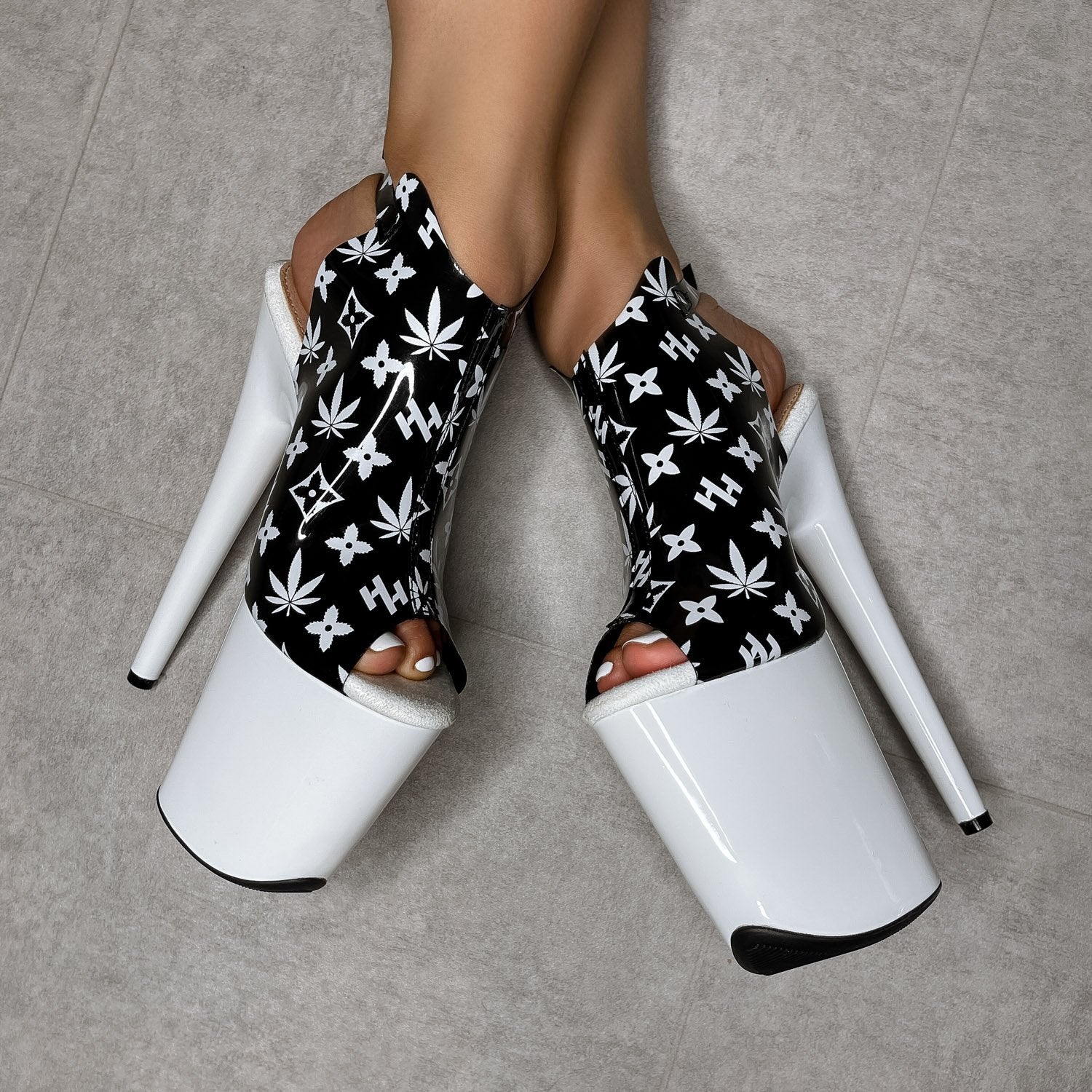 Branded Shield Stiletto - Black/White - 8 INCH, stripper shoe, stripper heel, pole heel, not a pleaser, platform, dancer, pole dance, floor work