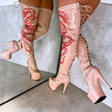 VIPER Boot Tan with Red Thicc Thigh High - 7INCH, stripper shoe, stripper heel, pole heel, not a pleaser, platform, dancer, pole dance, floor work