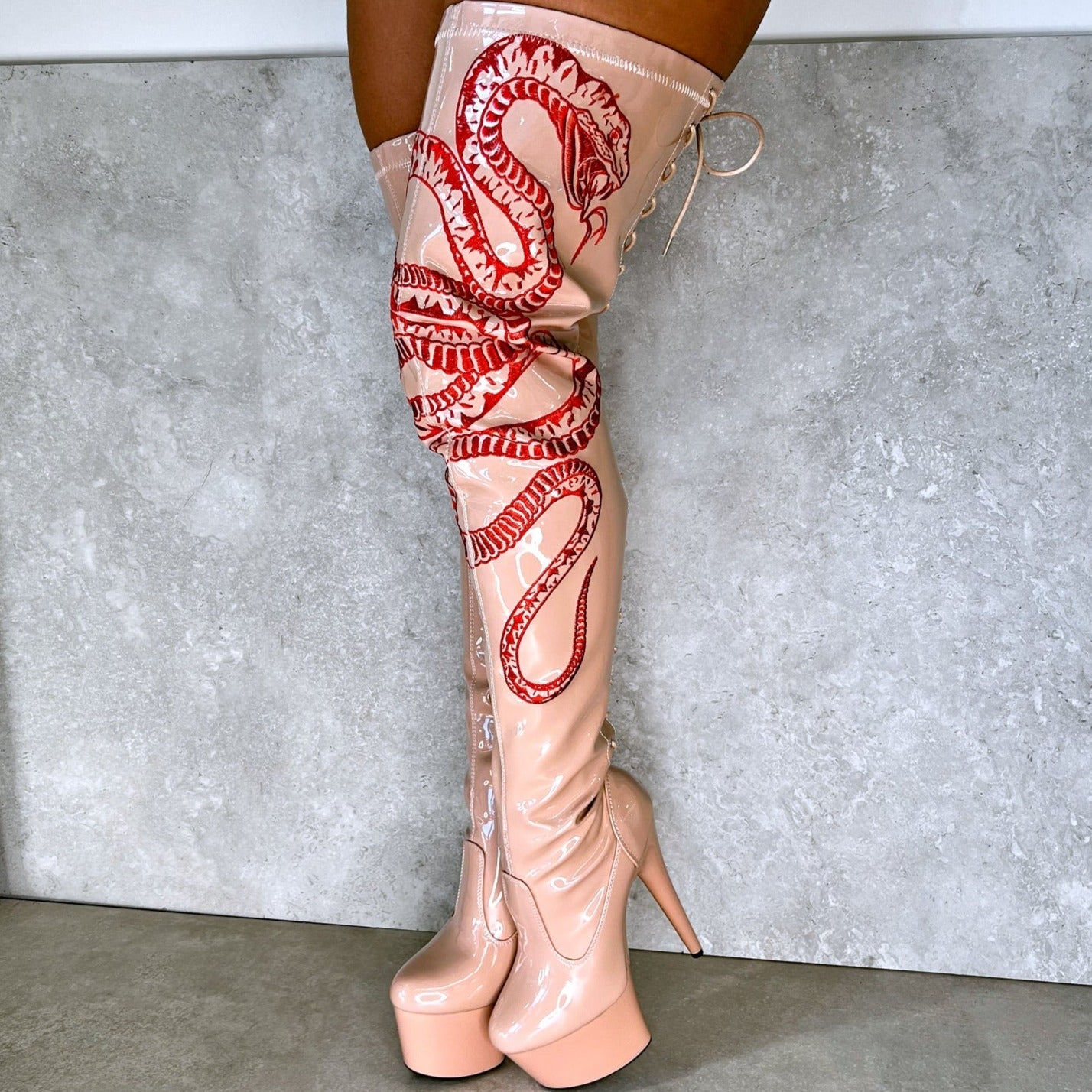VIPER Boot Tan with Red Thicc Thigh High - 7INCH