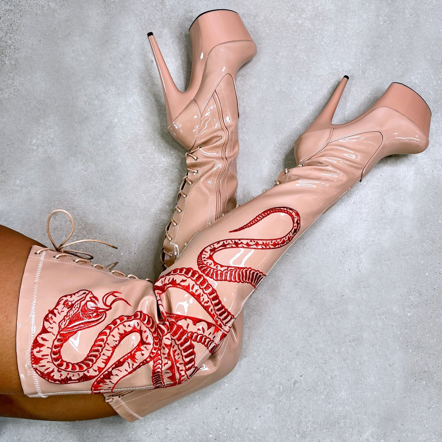 VIPER Boot Tan with Red Thicc Thigh High - 7INCH, stripper shoe, stripper heel, pole heel, not a pleaser, platform, dancer, pole dance, floor work