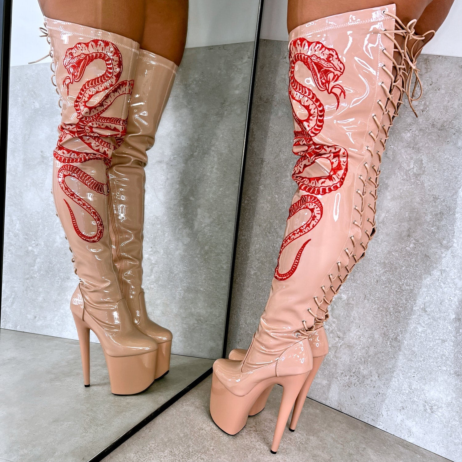 VIPER Boot Tan with Red Thicc Thigh High - 8INCH, stripper shoe, stripper heel, pole heel, not a pleaser, platform, dancer, pole dance, floor work
