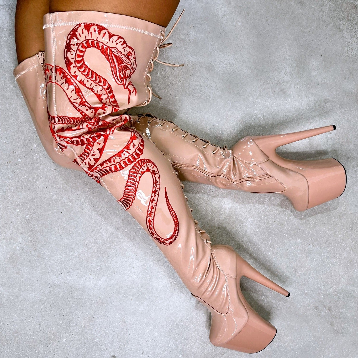 VIPER Boot Tan with Red Thicc Thigh High - 8INCH, stripper shoe, stripper heel, pole heel, not a pleaser, platform, dancer, pole dance, floor work