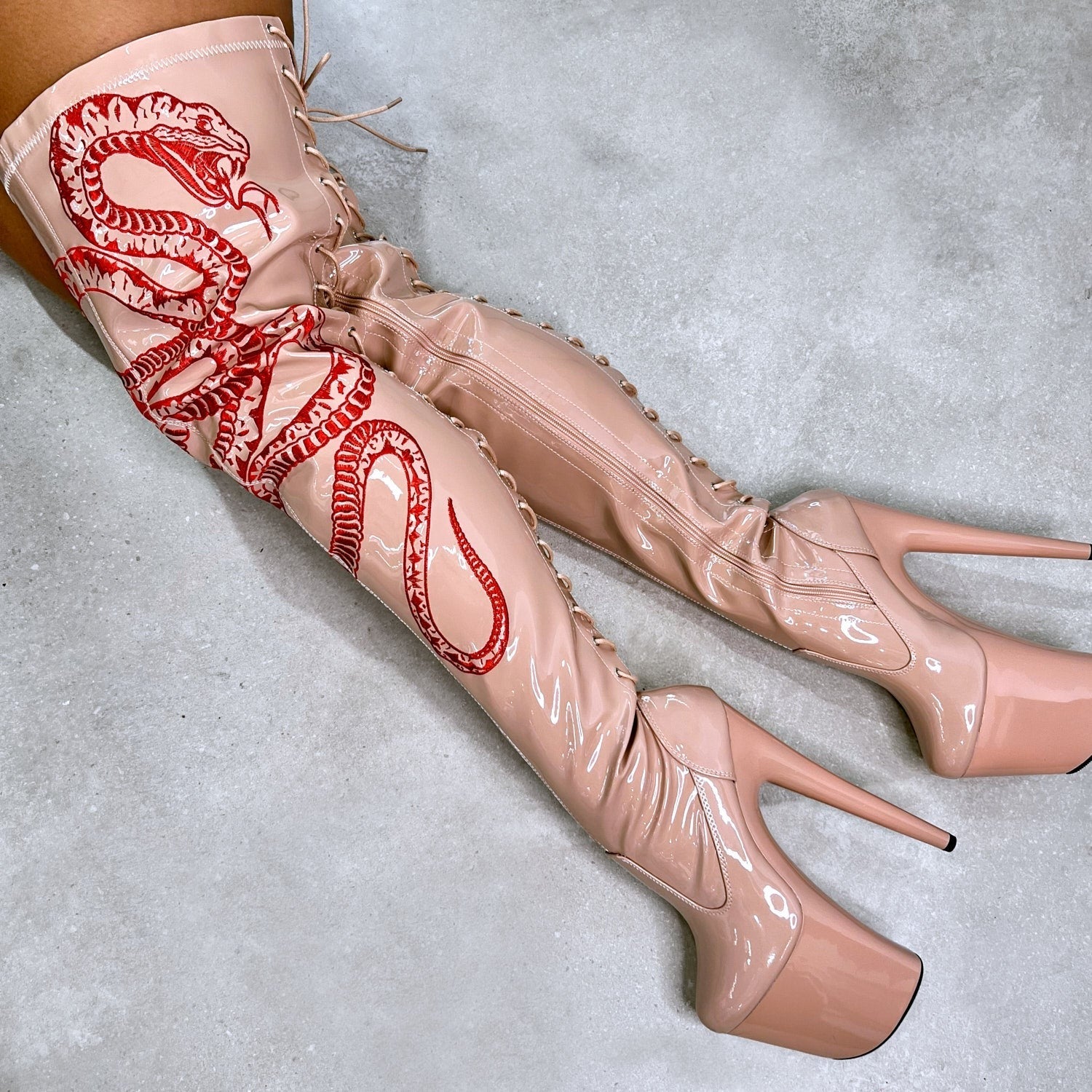 VIPER Boot Tan with Red Thicc Thigh High - 8INCH, stripper shoe, stripper heel, pole heel, not a pleaser, platform, dancer, pole dance, floor work