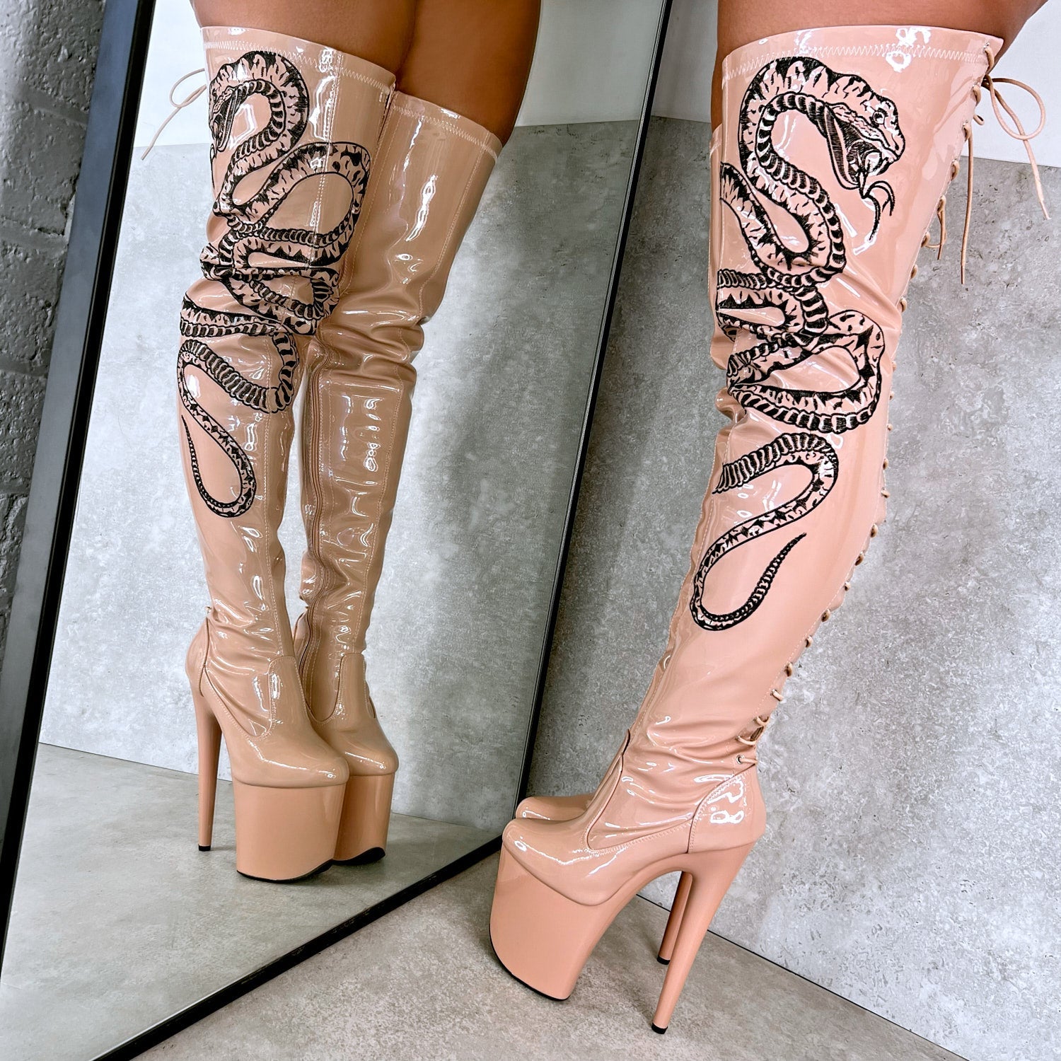 VIPER Boot Tan with Black Thicc Thigh High - 8INCH, stripper shoe, stripper heel, pole heel, not a pleaser, platform, dancer, pole dance, floor work