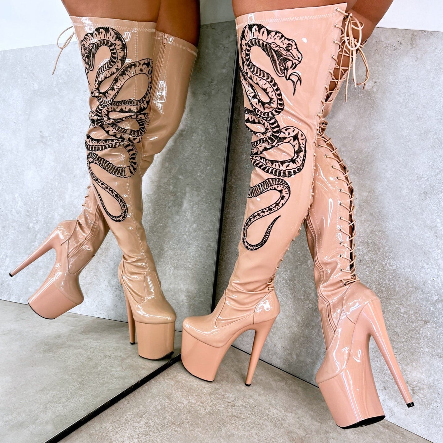 VIPER Boot Tan with Black Thicc Thigh High - 8INCH, stripper shoe, stripper heel, pole heel, not a pleaser, platform, dancer, pole dance, floor work
