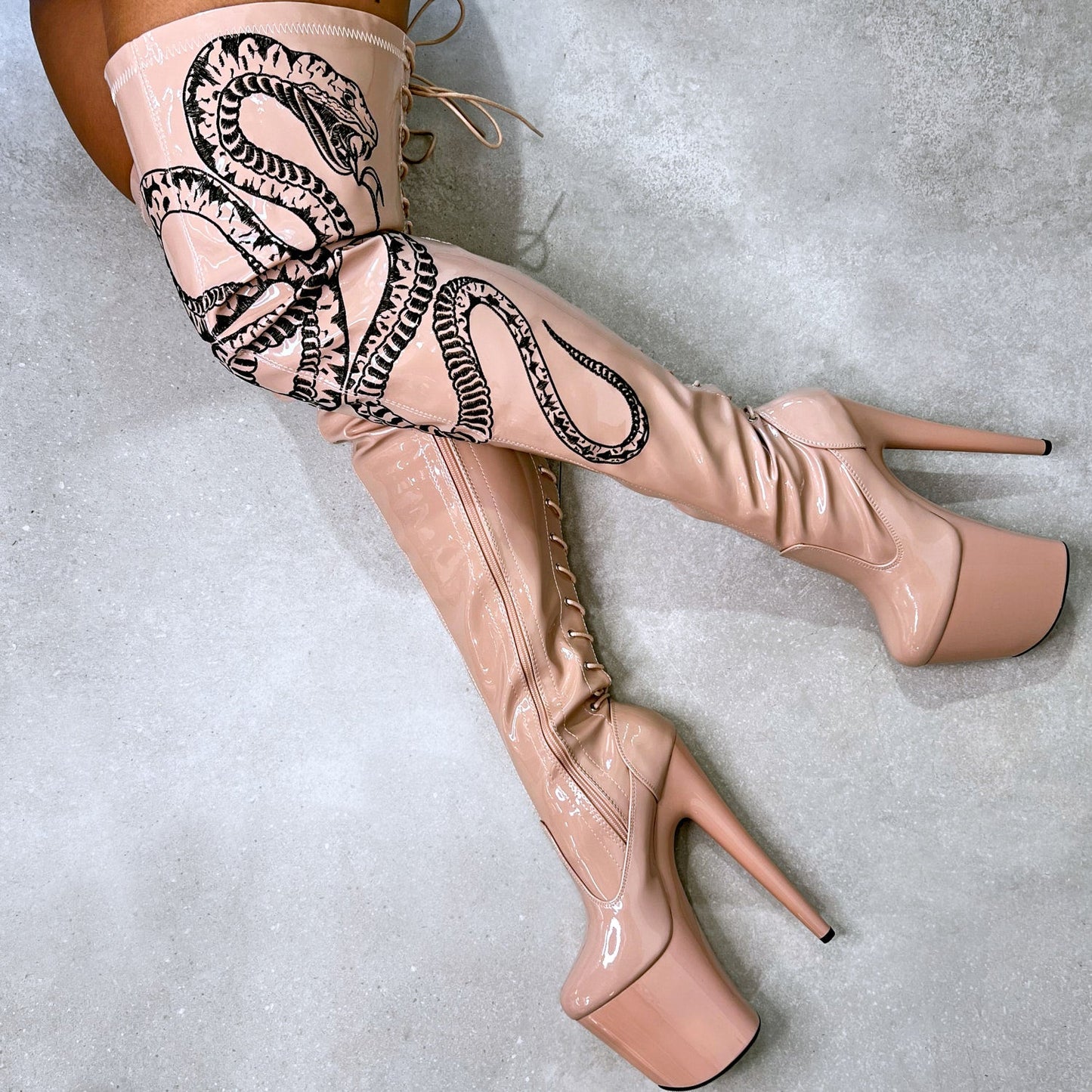 VIPER Boot Tan with Black Thicc Thigh High - 8INCH, stripper shoe, stripper heel, pole heel, not a pleaser, platform, dancer, pole dance, floor work