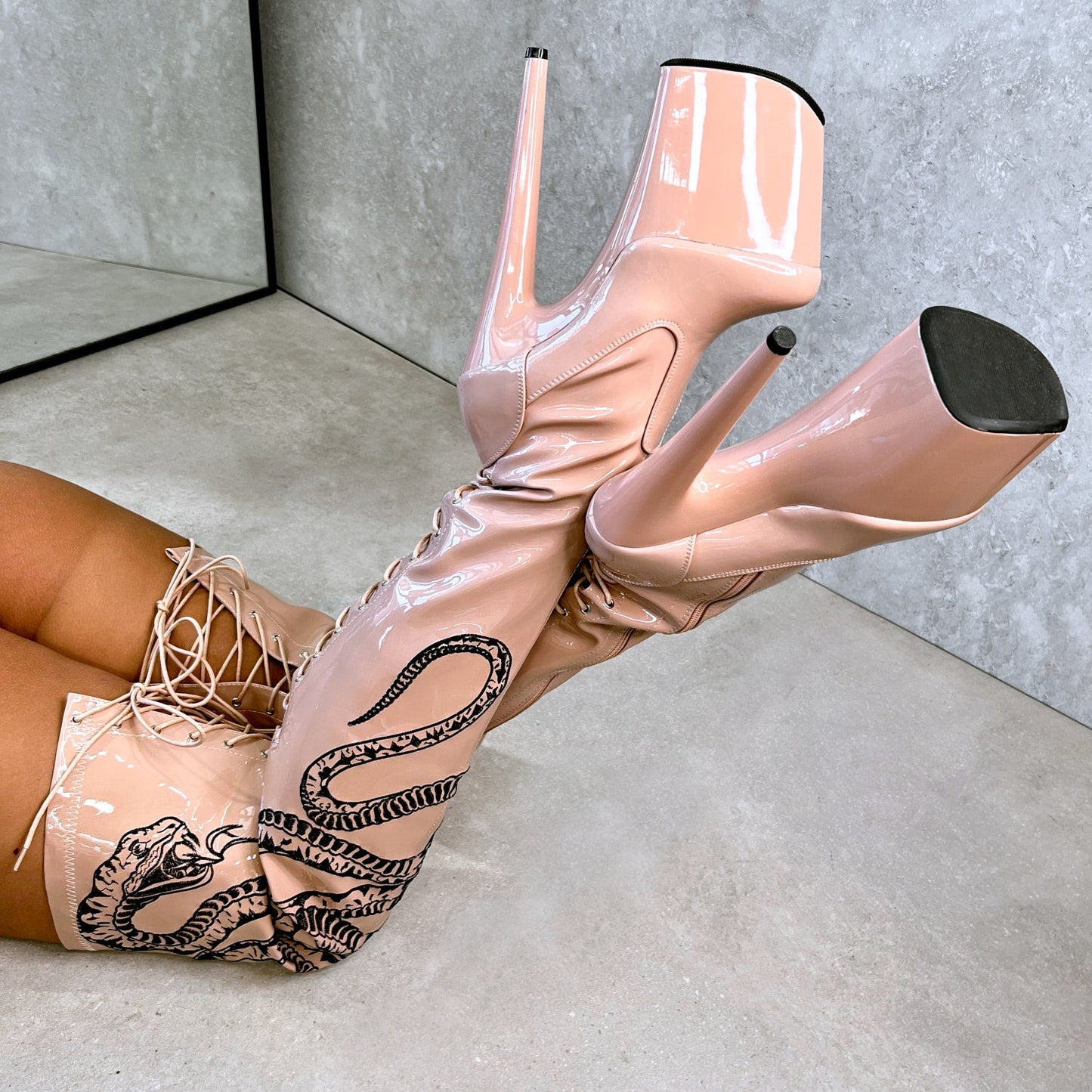 VIPER Boot Tan with Black Thicc Thigh High - 8INCH, stripper shoe, stripper heel, pole heel, not a pleaser, platform, dancer, pole dance, floor work