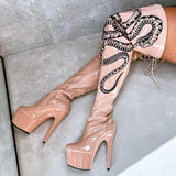 VIPER Boot Tan with Black Thicc Thigh High - 7INCH, stripper shoe, stripper heel, pole heel, not a pleaser, platform, dancer, pole dance, floor work