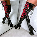 VIPER Boot Black with Red Thigh High - 7INCH, stripper shoe, stripper heel, pole heel, not a pleaser, platform, dancer, pole dance, floor work