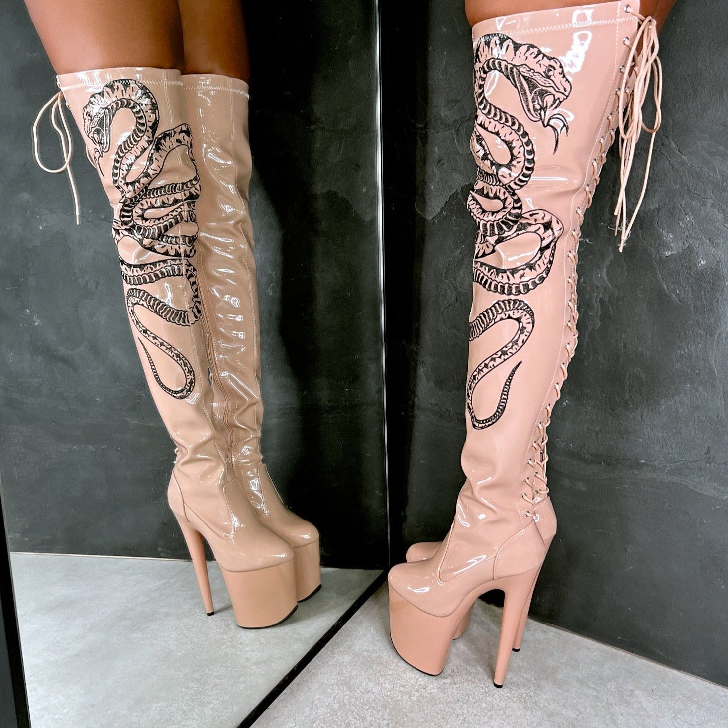 VIPER Boot Tan with Black Thigh High - 8INCH, stripper shoe, stripper heel, pole heel, not a pleaser, platform, dancer, pole dance, floor work