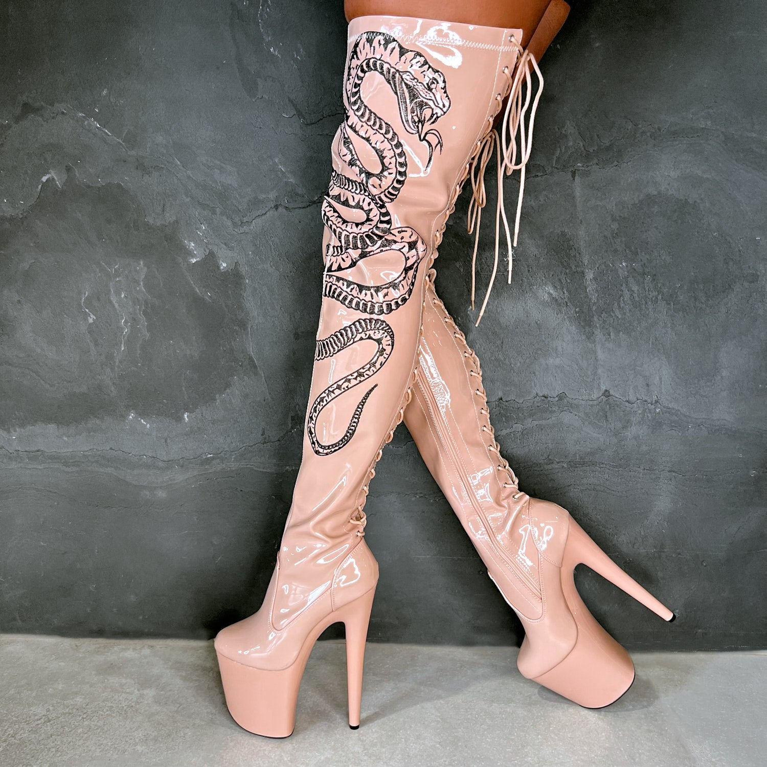 VIPER Boot Tan with Black Thigh High - 8INCH, stripper shoe, stripper heel, pole heel, not a pleaser, platform, dancer, pole dance, floor work