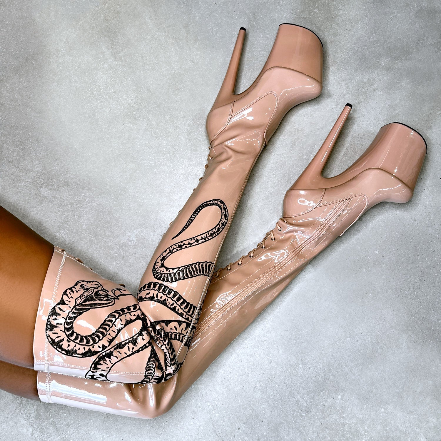 VIPER Boot Tan with Black Thigh High - 8INCH, stripper shoe, stripper heel, pole heel, not a pleaser, platform, dancer, pole dance, floor work