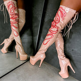 VIPER Boot Tan with Red Thigh High - 7INCH, stripper shoe, stripper heel, pole heel, not a pleaser, platform, dancer, pole dance, floor work