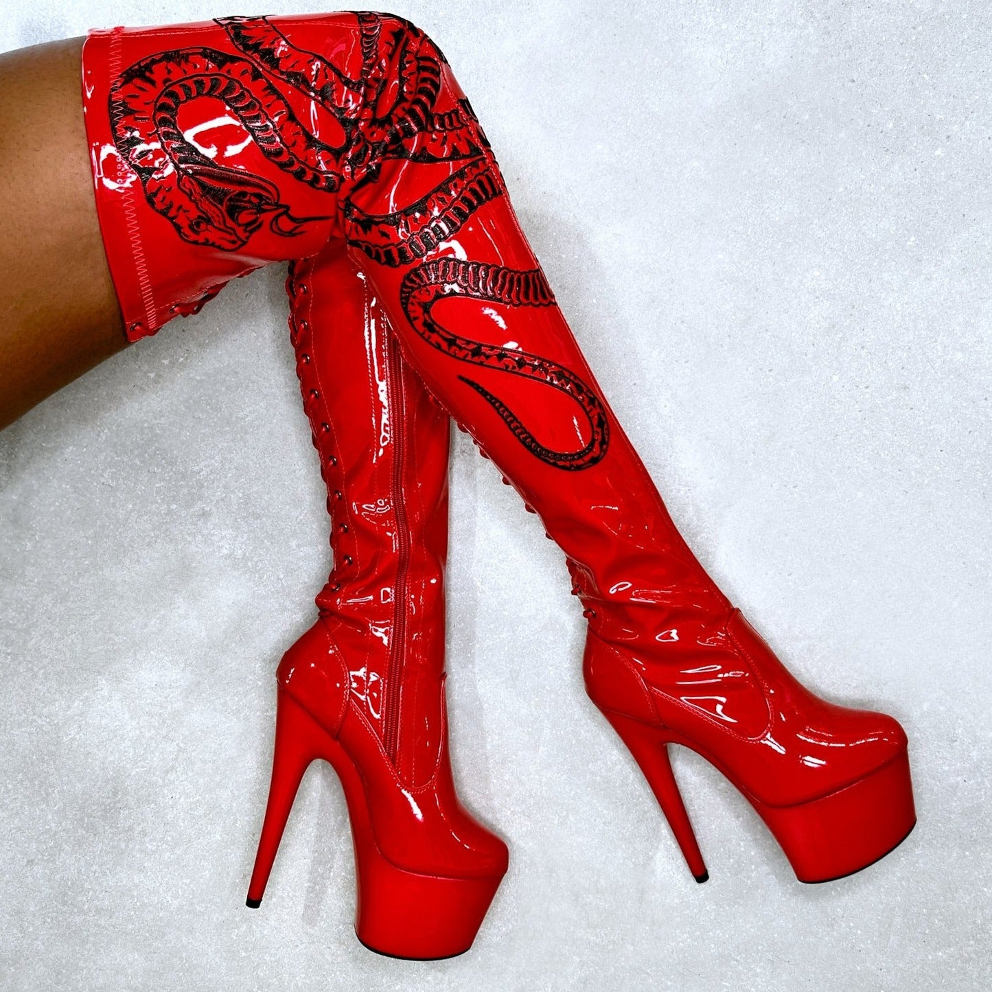 VIPER Boot Red with Black Thigh High - 7INCH, stripper shoe, stripper heel, pole heel, not a pleaser, platform, dancer, pole dance, floor work