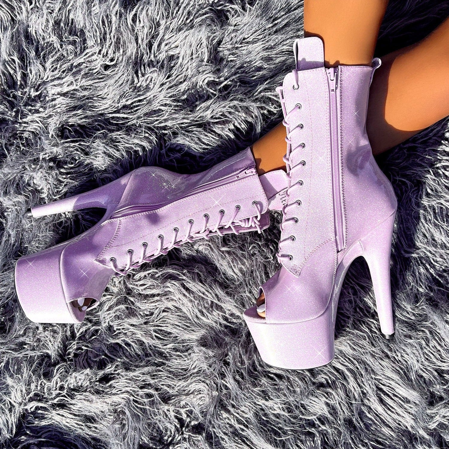 The Glitterati Open Toe Boot - Lilac Lovers - 7 INCH, stripper shoe, stripper heel, pole heel, not a pleaser, platform, dancer, pole dance, floor work