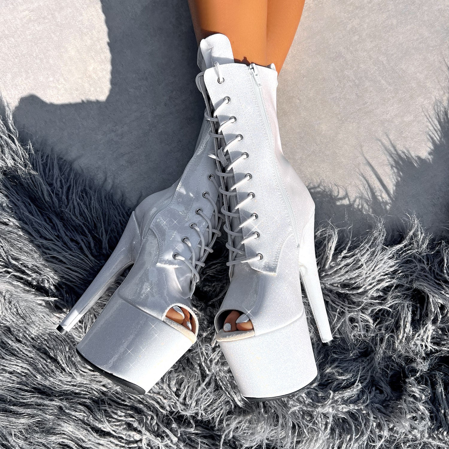 The Glitterati Open Toe Boot - Snow Kween - 7 INCH, stripper shoe, stripper heel, pole heel, not a pleaser, platform, dancer, pole dance, floor work