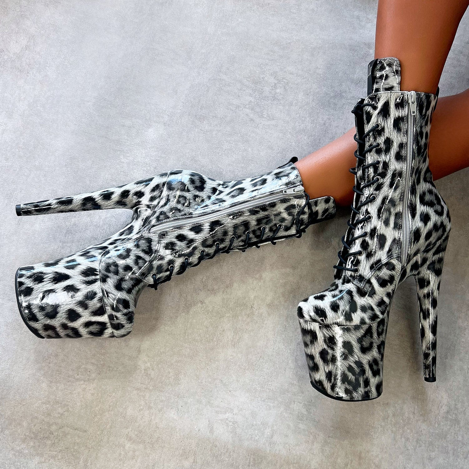 Snow Leopard Boot - 8 INCH, stripper shoe, stripper heel, pole heel, not a pleaser, platform, dancer, pole dance, floor work