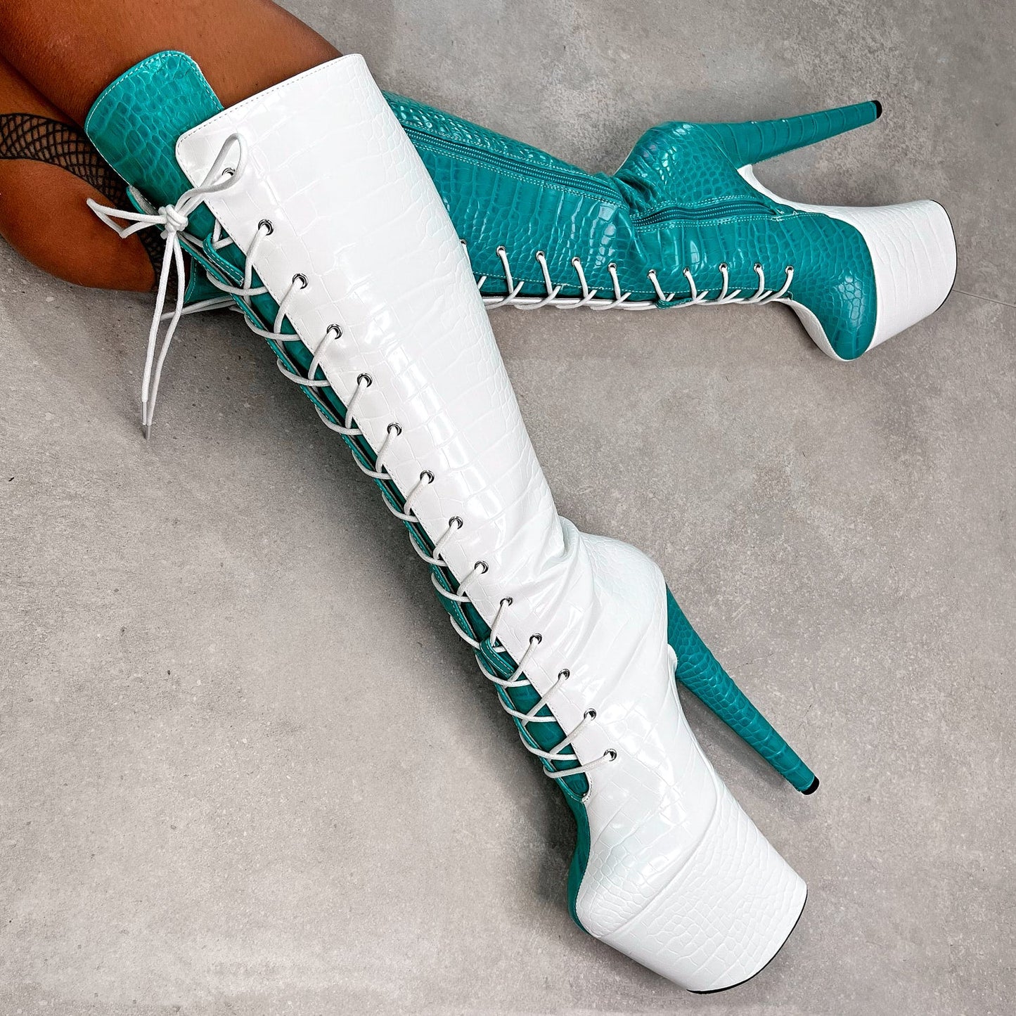 SNAPPED White/Aqua Knee Boot - 8INCH
