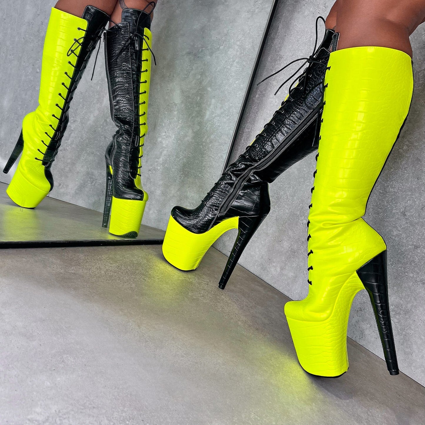 SNAPPED Black/Neon Knee Boot - 8INCH