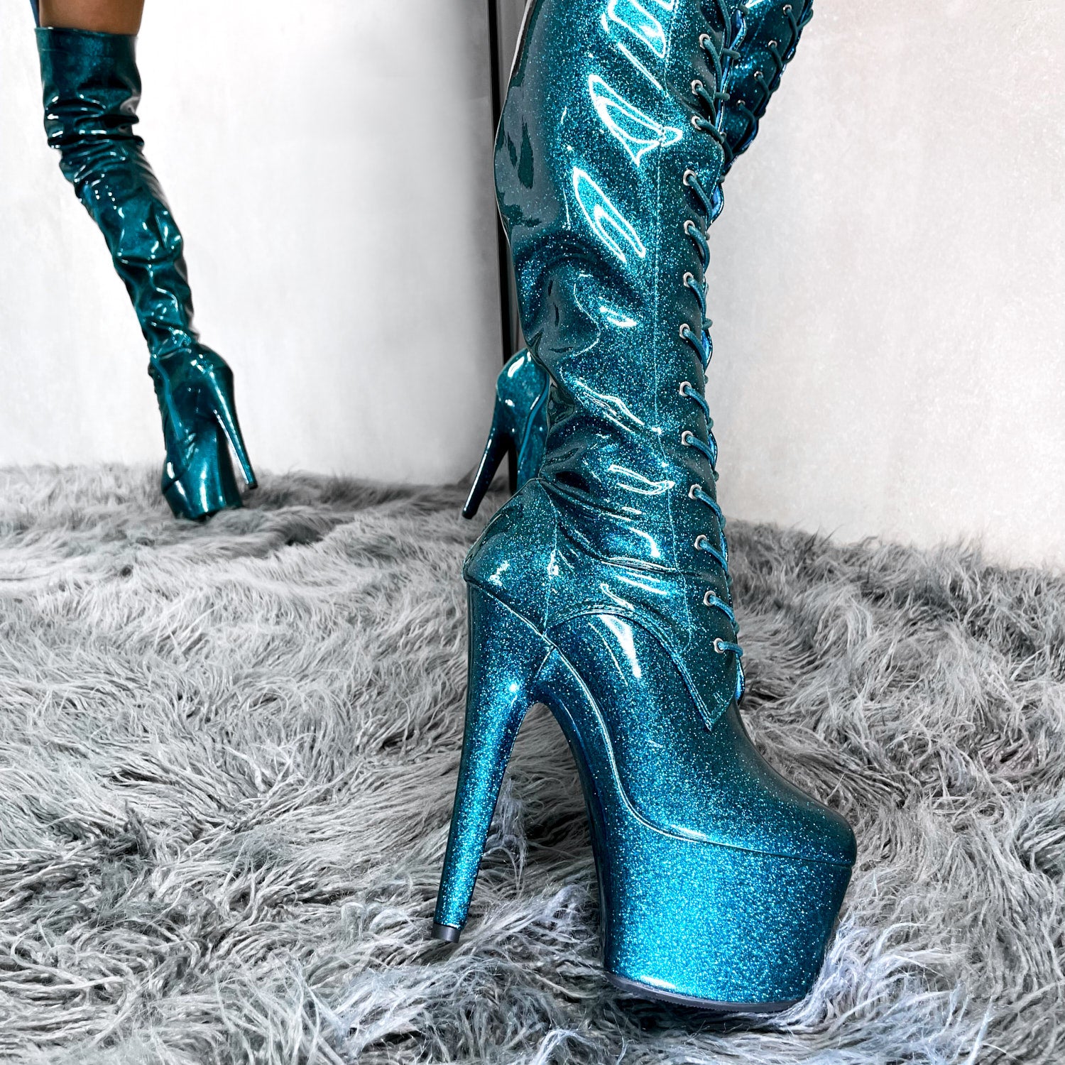 Glitterati Thigh High - Ocean Eyes - 7 INCH, stripper shoe, stripper heel, pole heel, not a pleaser, platform, dancer, pole dance, floor work