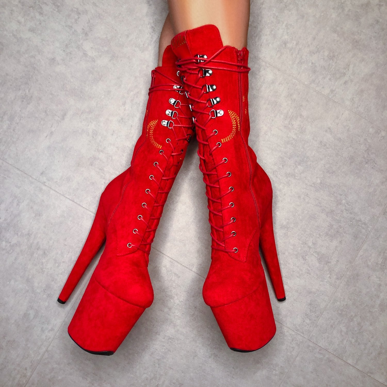 HellGirl Red/Yellow Front Lace - 8 INCH, stripper shoe, stripper heel, pole heel, not a pleaser, platform, dancer, pole dance, floor work