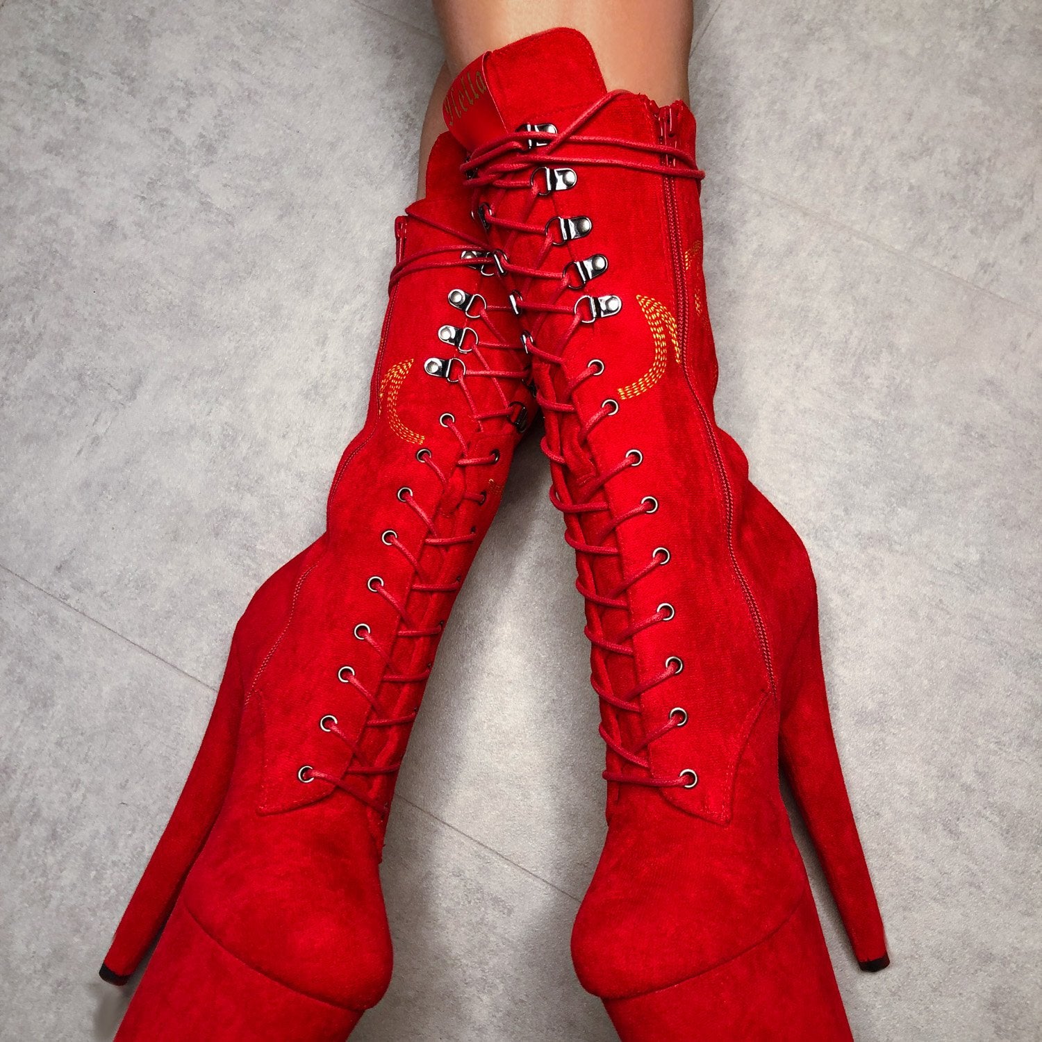 HellGirl Red/Yellow Front Lace - 7 INCH, stripper shoe, stripper heel, pole heel, not a pleaser, platform, dancer, pole dance, floor work