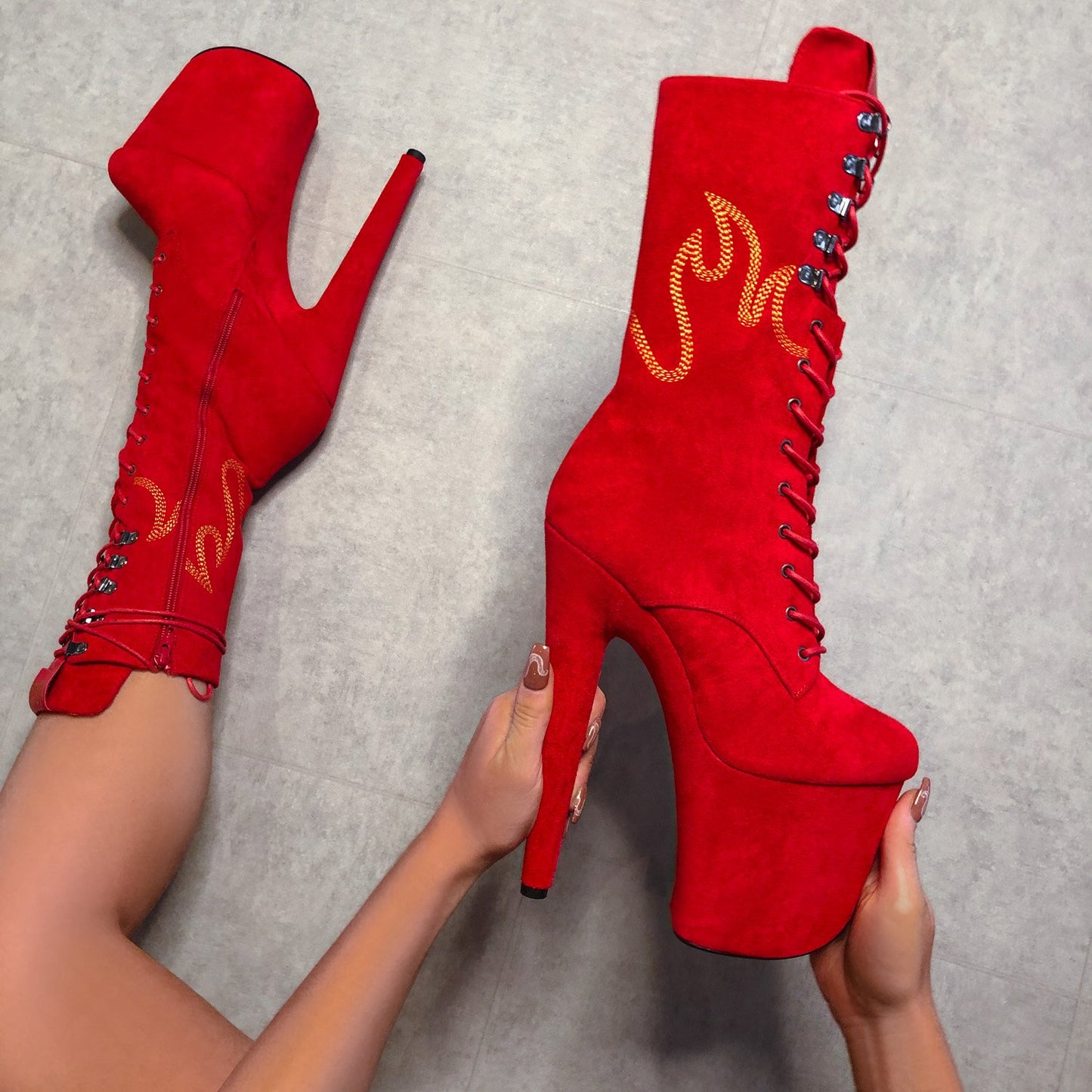 HellGirl Red/Yellow Front Lace - 8 INCH, stripper shoe, stripper heel, pole heel, not a pleaser, platform, dancer, pole dance, floor work