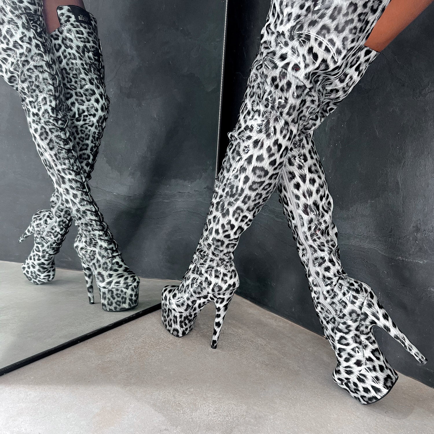 Snow Leopard Thigh High - 7 INCH, stripper shoe, stripper heel, pole heel, not a pleaser, platform, dancer, pole dance, floor work