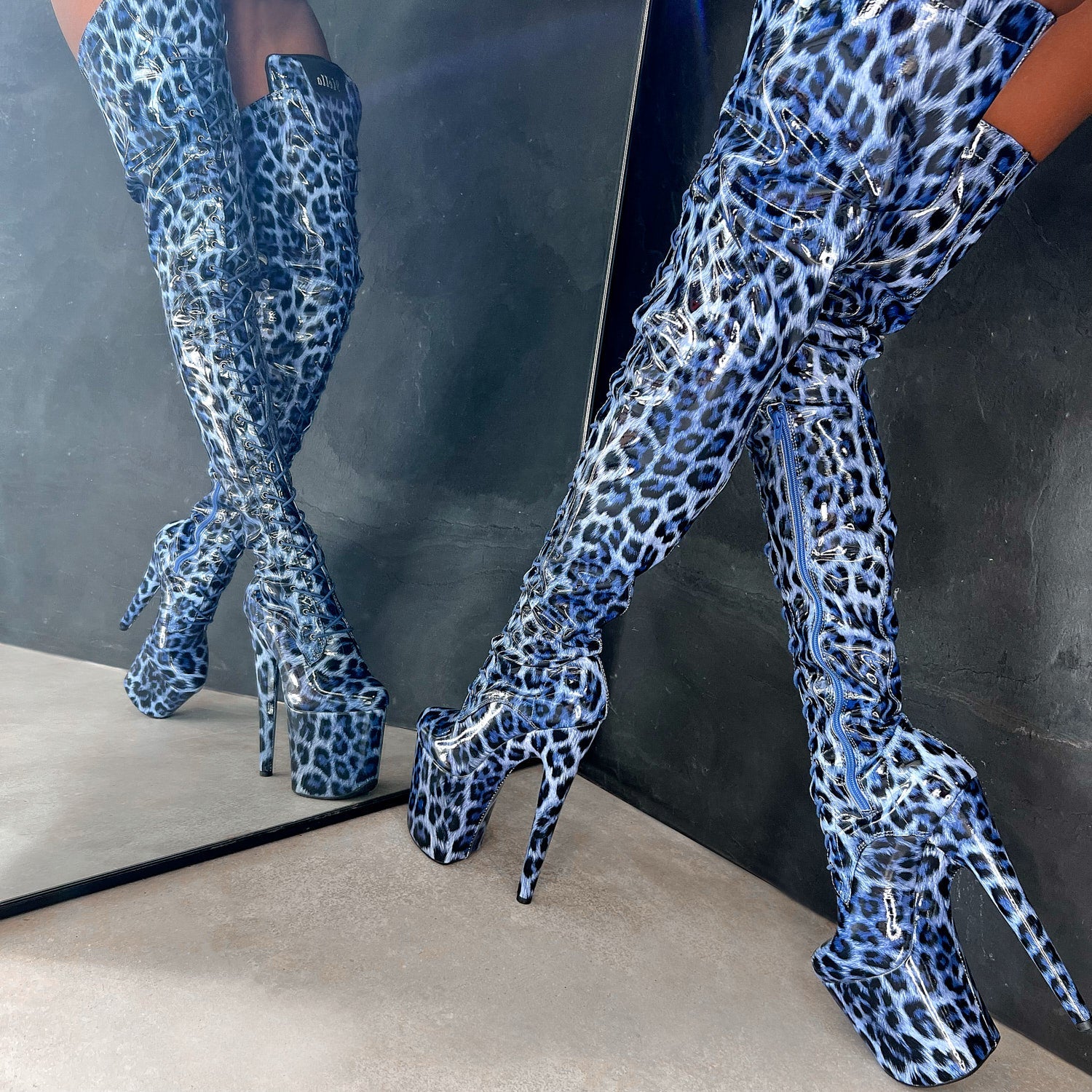 Blue Leopard Thigh High - 8 INCH, stripper shoe, stripper heel, pole heel, not a pleaser, platform, dancer, pole dance, floor work