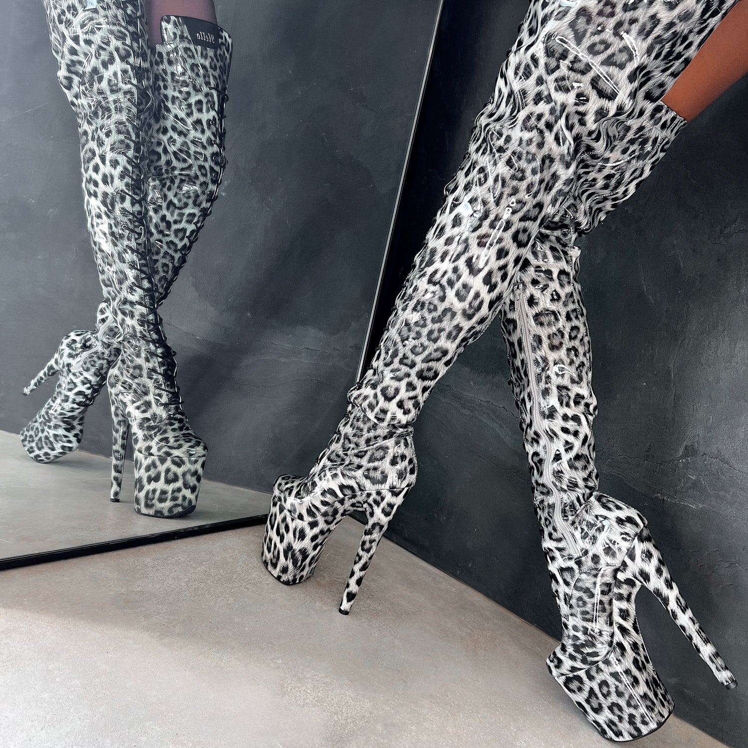 Snow Leopard Thigh High - 8 INCH, stripper shoe, stripper heel, pole heel, not a pleaser, platform, dancer, pole dance, floor work